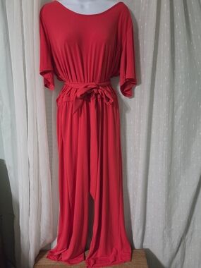 Susan Graver Women's Red Belted Jumper with Wide-Leg Silhouette